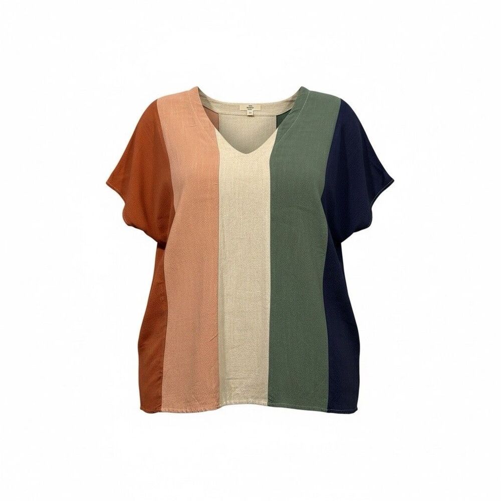 Entro XL Colorblock Linen Blend Blouse V Neck Short Sleeve Boho Oversized Top